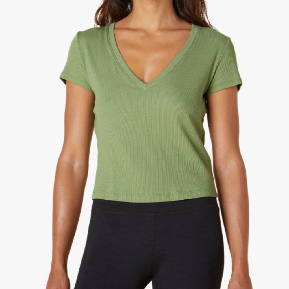 Beyond Yoga 606 Take The Plunge V-Neck Tee in Rosemary